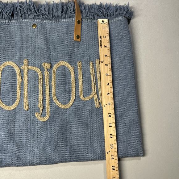 Bonjour Canvas Tote Bag Blue with Fringe Top Boho Summer Beachy Coastal - Picture 6 of 8